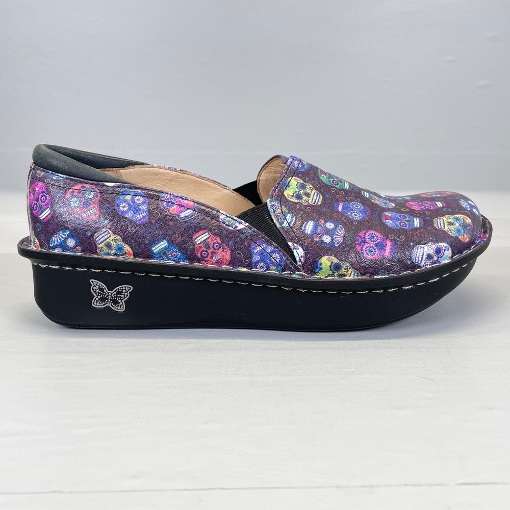 Alegria Debra Shoes Womens Size 39 Purple Skull Leather Comfort Slip On Clogs